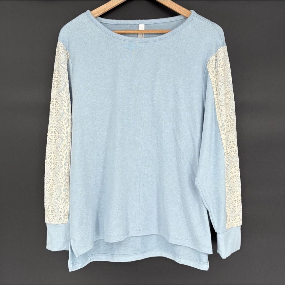 Flora Nikrooz Women's Lace Sleeve Lounge Sweater XL Light Blue Loungewear Sleep